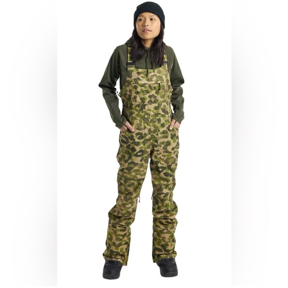 Burton Snowboard Avalon Bib Pants Waterproof Camouflage Green Womens Large EUC